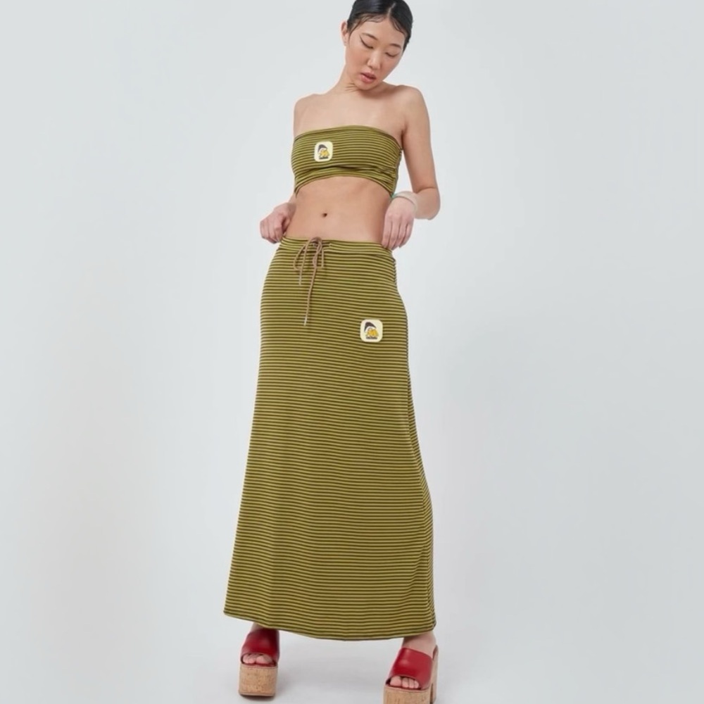 Omighty Shroom Skirt in Olive Stripes Maxi, Size Small